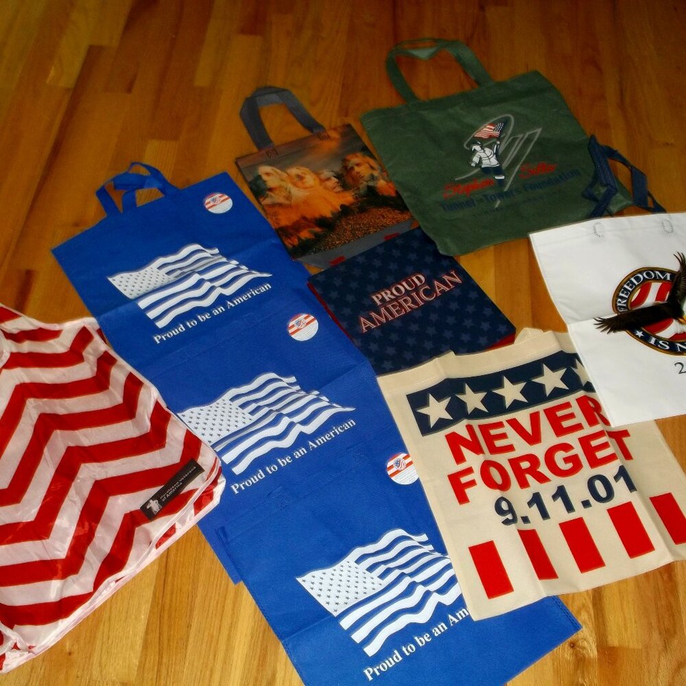 Lot of 9 assorted reusable shopping tote bags - AMERICA American Flag VETERANS